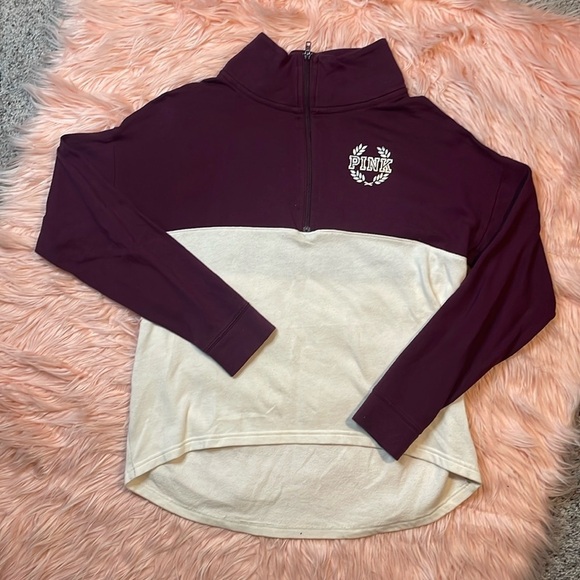 PINK Victoria’s Secret Sequin Purple Maroon & White Quarter Zip Pull Over Size M - Picture 1 of 6
